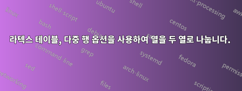 라텍스 테이블, 다중 행 옵션을 사용하여 열을 두 열로 나눕니다.