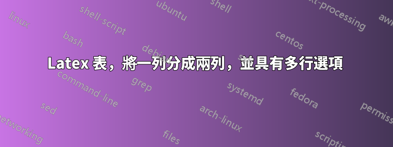 Latex 表，將一列分成兩列，並具有多行選項