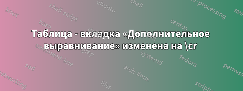 Таблица - вкладка «Дополнительное выравнивание» изменена на \cr