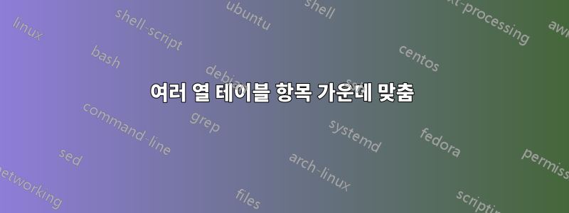 여러 열 테이블 항목 가운데 맞춤