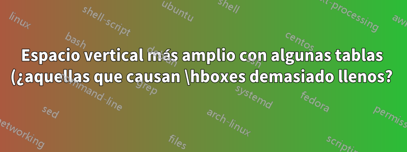 Espacio vertical más amplio con algunas tablas (¿aquellas que causan \hboxes demasiado llenos?)