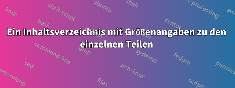 Ein Inhaltsverzeichnis mit Größenangaben zu den einzelnen Teilen