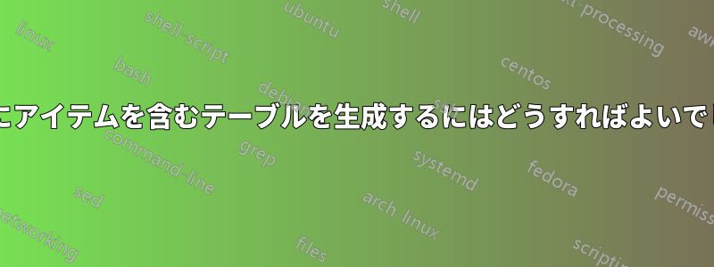 ボックスにアイテムを含むテーブルを生成するにはどうすればよいでしょうか?