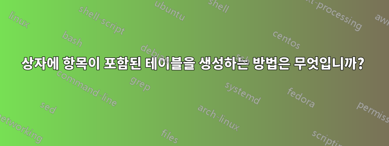 상자에 항목이 포함된 테이블을 생성하는 방법은 무엇입니까?