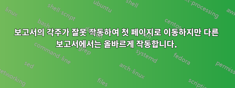 보고서의 각주가 잘못 작동하여 첫 페이지로 이동하지만 다른 보고서에서는 올바르게 작동합니다.