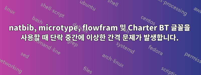 natbib, microtype, flowfram 및 Charter BT 글꼴을 사용할 때 단락 중간에 이상한 간격 문제가 발생합니다.