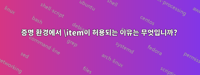 증명 환경에서 \item이 허용되는 이유는 무엇입니까?