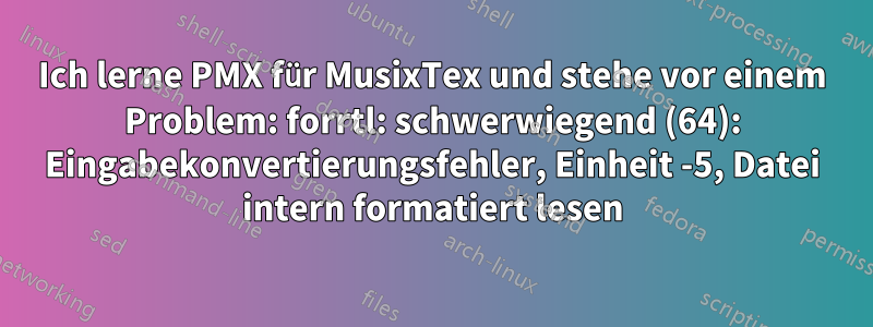 Ich lerne PMX für MusixTex und stehe vor einem Problem: forrtl: schwerwiegend (64): Eingabekonvertierungsfehler, Einheit -5, Datei intern formatiert lesen