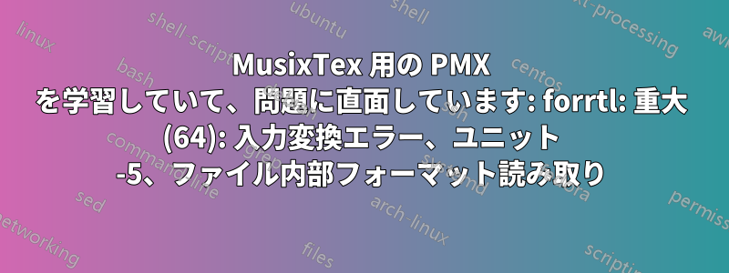 MusixTex 用の PMX を学習していて、問題に直面しています: forrtl: 重大 (64): 入力変換エラー、ユニット -5、ファイル内部フォーマット読み取り