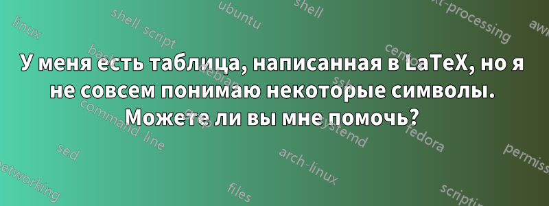 У меня есть таблица, написанная в LaTeX, но я не совсем понимаю некоторые символы. Можете ли вы мне помочь?