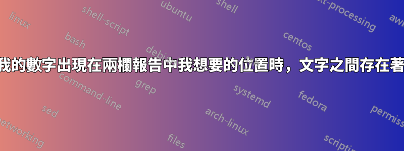 當我強迫我的數字出現在兩欄報告中我想要的位置時，文字之間存在著巨大差距