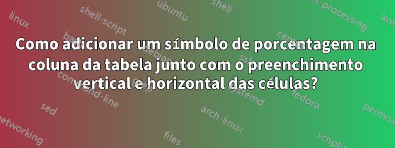 Como adicionar um símbolo de porcentagem na coluna da tabela junto com o preenchimento vertical e horizontal das células?