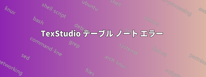 TexStudio テーブル ノート エラー