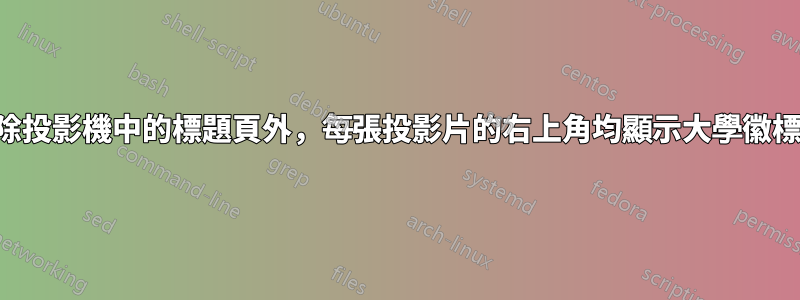 除投影機中的標題頁外，每張投影片的右上角均顯示大學徽標