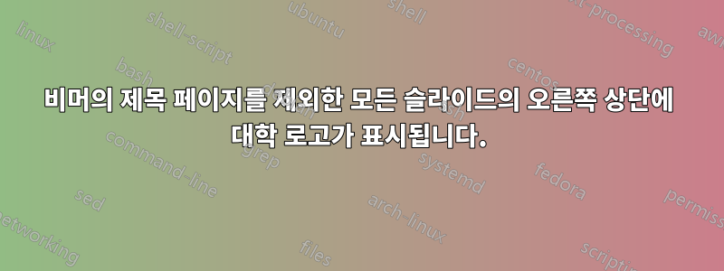 비머의 제목 페이지를 제외한 모든 슬라이드의 오른쪽 상단에 대학 로고가 표시됩니다.