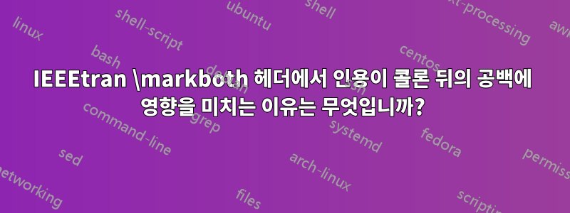 IEEEtran \markboth 헤더에서 인용이 콜론 뒤의 공백에 영향을 미치는 이유는 무엇입니까?