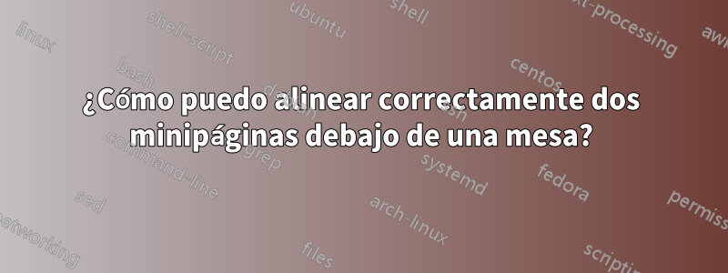 ¿Cómo puedo alinear correctamente dos minipáginas debajo de una mesa?