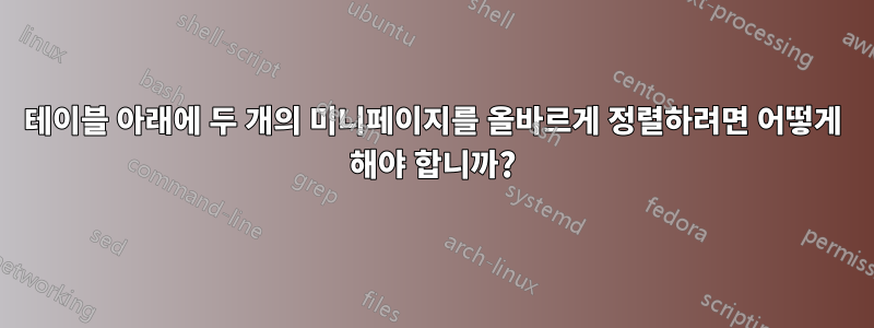테이블 아래에 두 개의 미니페이지를 올바르게 정렬하려면 어떻게 해야 합니까?
