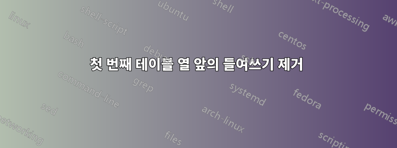 첫 번째 테이블 열 앞의 들여쓰기 제거