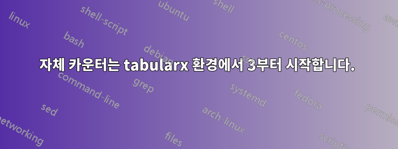 자체 카운터는 tabularx 환경에서 3부터 시작합니다.