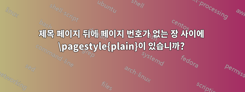 제목 페이지 뒤에 페이지 번호가 없는 장 사이에 \pagestyle{plain}이 있습니까?