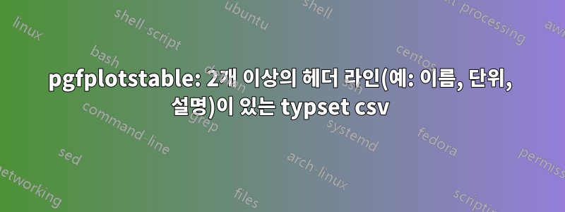 pgfplotstable: 2개 이상의 헤더 라인(예: 이름, 단위, 설명)이 있는 typset csv