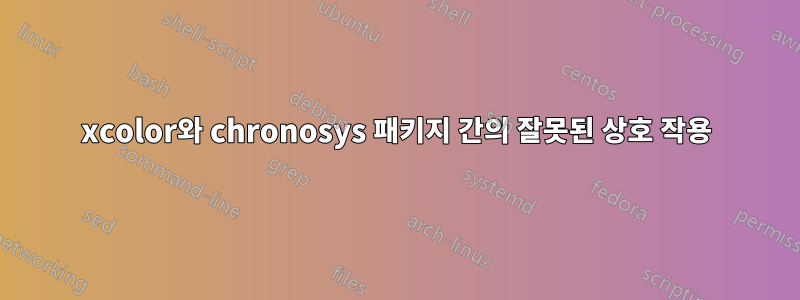 xcolor와 chronosys 패키지 간의 잘못된 상호 작용