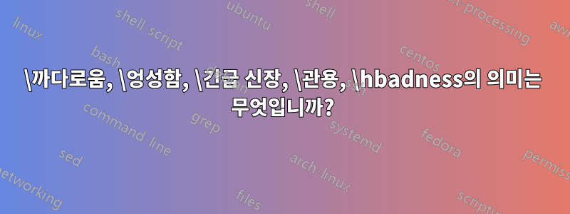 \까다로움, \엉성함, \긴급 신장, \관용, \hbadness의 의미는 무엇입니까?