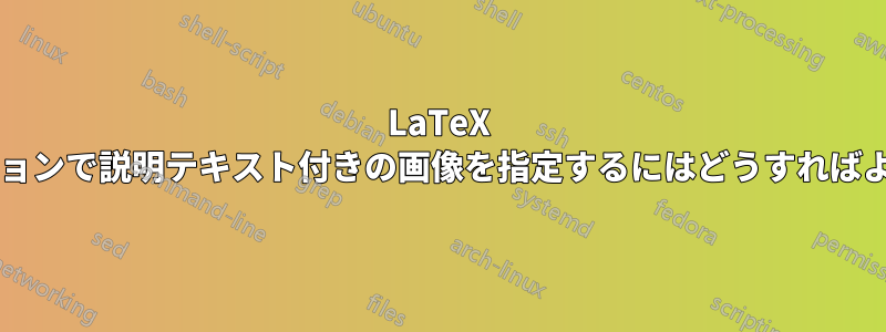 LaTeX プレゼンテーションで説明テキスト付きの画像を指定するにはどうすればよいでしょうか?