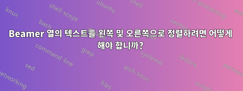 Beamer 열의 텍스트를 왼쪽 및 오른쪽으로 정렬하려면 어떻게 해야 합니까?