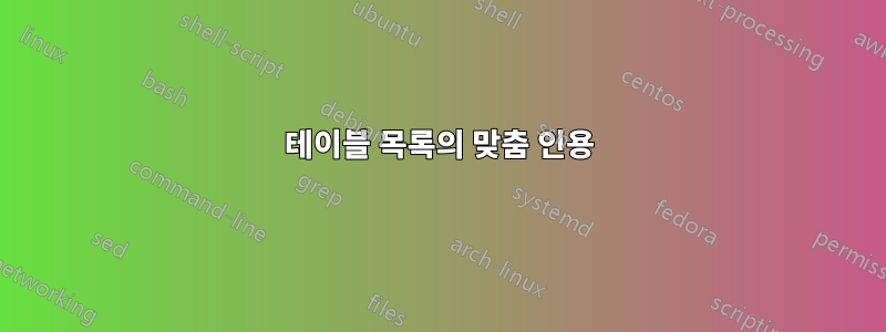 테이블 목록의 맞춤 인용
