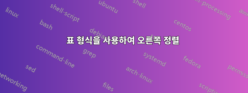 표 형식을 사용하여 오른쪽 정렬