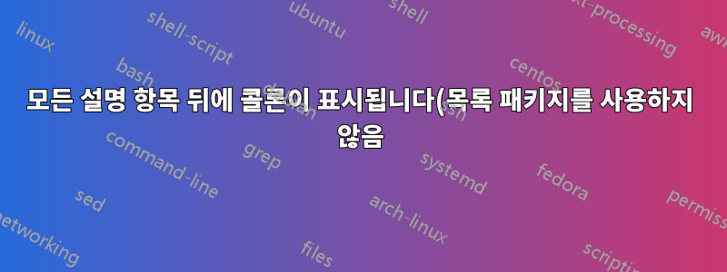 모든 설명 항목 뒤에 콜론이 표시됩니다(목록 패키지를 사용하지 않음).