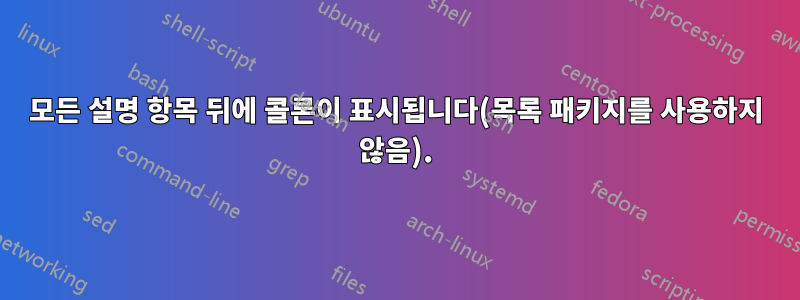 모든 설명 항목 뒤에 콜론이 표시됩니다(목록 패키지를 사용하지 않음).