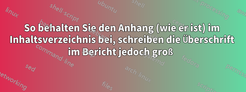 So behalten Sie den Anhang (wie er ist) im Inhaltsverzeichnis bei, schreiben die Überschrift im Bericht jedoch groß