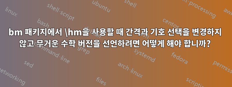 bm 패키지에서 \hm을 사용할 때 간격과 기호 선택을 변경하지 않고 무거운 수학 버전을 선언하려면 어떻게 해야 합니까?
