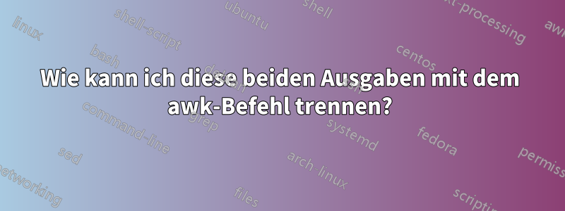 Wie kann ich diese beiden Ausgaben mit dem awk-Befehl trennen?