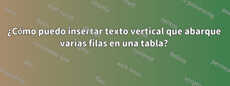 ¿Cómo puedo insertar texto vertical que abarque varias filas en una tabla?