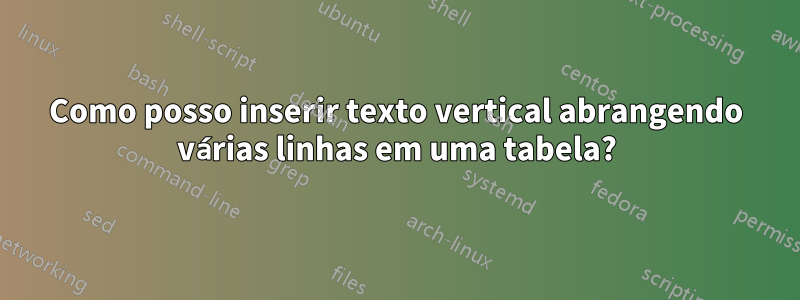 Como posso inserir texto vertical abrangendo várias linhas em uma tabela?