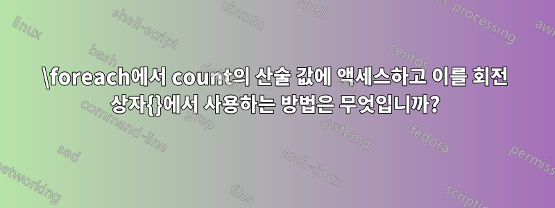 \foreach에서 count의 산술 값에 액세스하고 이를 회전 상자{}에서 사용하는 방법은 무엇입니까?