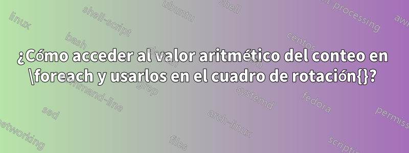 ¿Cómo acceder al valor aritmético del conteo en \foreach y usarlos en el cuadro de rotación{}?