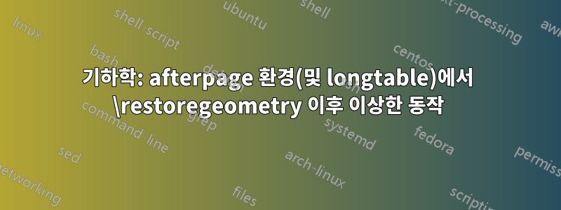 기하학: afterpage 환경(및 longtable)에서 \restoregeometry 이후 이상한 동작