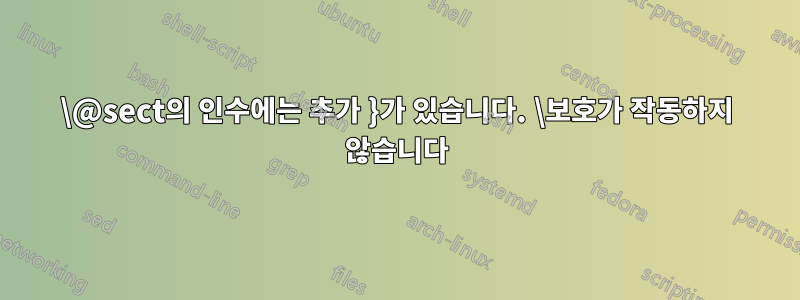 \@sect의 인수에는 추가 }가 있습니다. \보호가 작동하지 않습니다