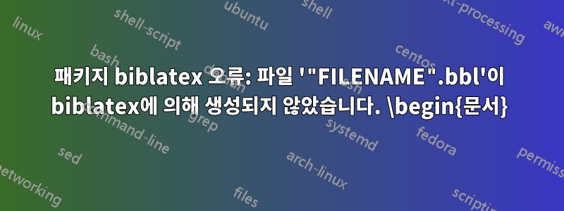 패키지 biblatex 오류: 파일 '"FILENAME".bbl'이 biblatex에 의해 생성되지 않았습니다. \begin{문서}