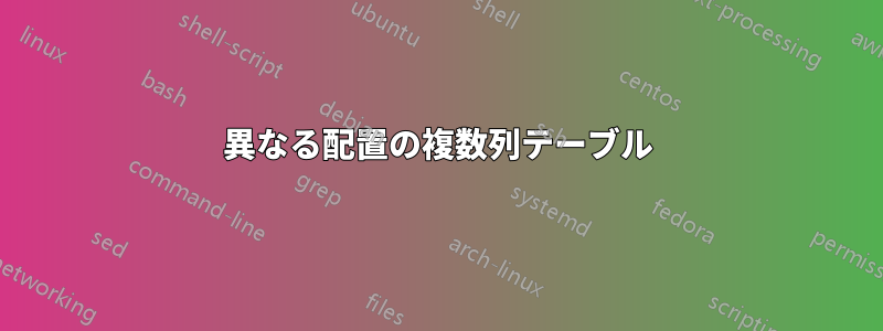 異なる配置の複数列テーブル