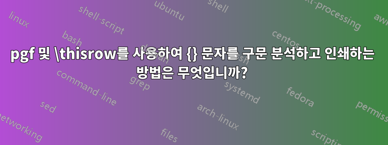 pgf 및 \thisrow를 사용하여 {} 문자를 구문 분석하고 인쇄하는 방법은 무엇입니까?