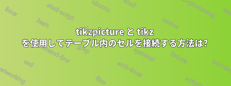 tikzpicture と tikz を使用してテーブル内のセルを接続する方法は?