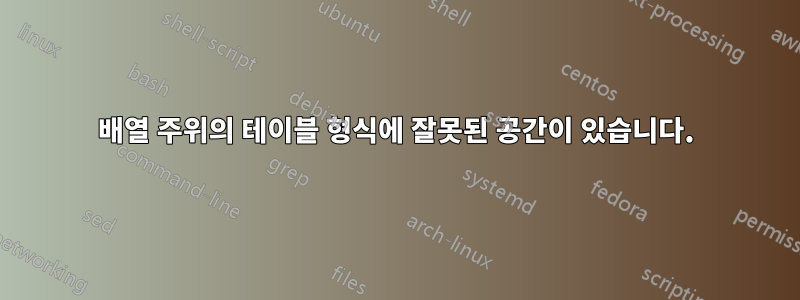배열 주위의 테이블 형식에 잘못된 공간이 있습니다.