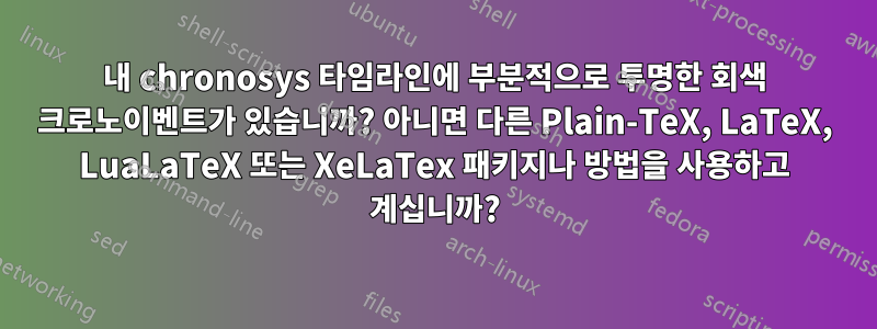 내 chronosys 타임라인에 부분적으로 투명한 회색 크로노이벤트가 있습니까? 아니면 다른 Plain-TeX, LaTeX, LuaLaTeX 또는 XeLaTex 패키지나 방법을 사용하고 계십니까?