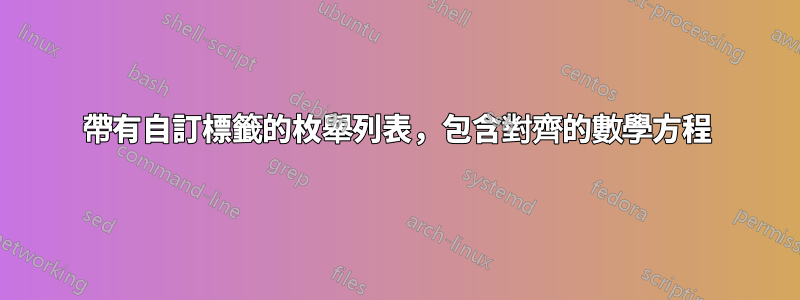 帶有自訂標籤的枚舉列表，包含對齊的數學方程